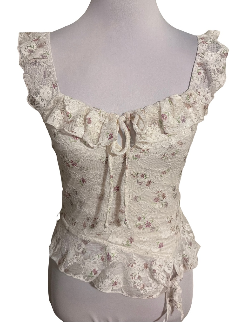 Floral Lace Ruffle Tie-Front Tank Top - Cream with Pink Floral